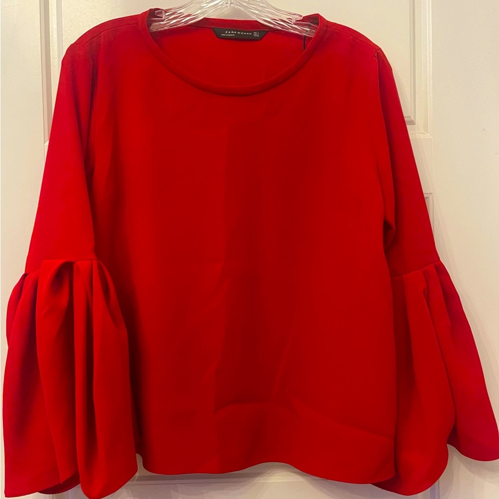 Zara Woman’s Red Bell-flare Sleeve Top / Blouse Preloved Size: Small Bohemian